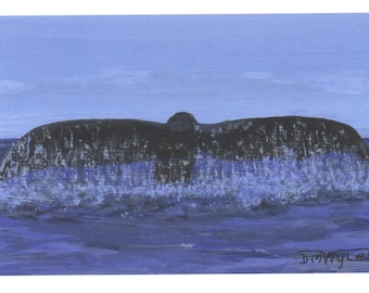 A Unique Greeting Card of Diana Wyles' Miniature Fine Art Painting of a Blue Whale Tail as it Makes its Splash Before Disappearing