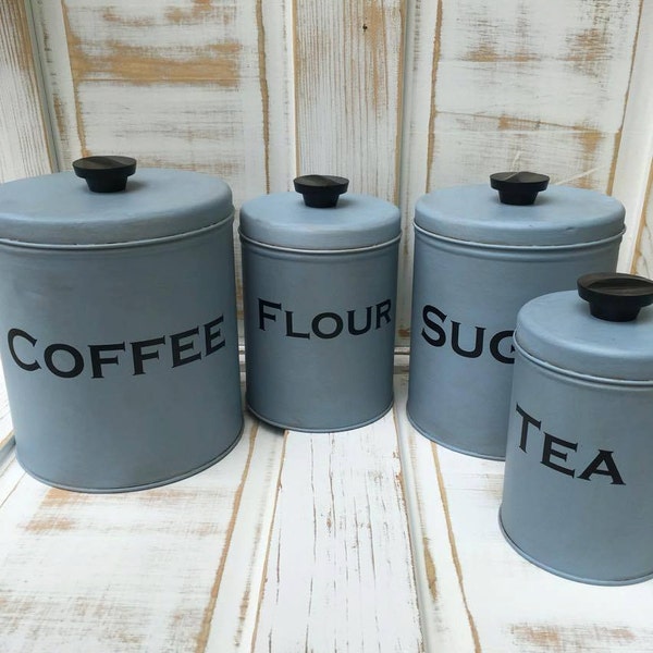 Hand Painted Vintage Metal Canister Set, Primitive Canister Set, Cottage Chic Canister Set, Vintage Canisters, Farmhouse Canister Set