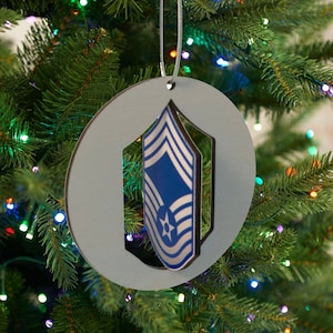 Può includere: Un ornamento natalizio grigio, circolare, con un'insegna di grado dell'Air Force americana blu e bianca. L'ornamento è appeso a un albero di Natale decorato con luci colorate. Ha un cordino argentato per appenderlo.