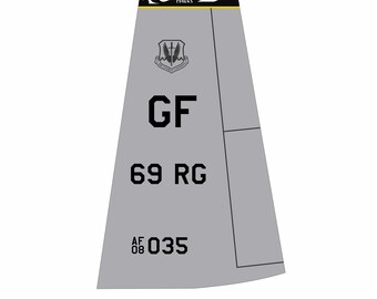 May include: A grey and black tail fin with the text "Northern Hawks" in yellow and black. The tail fin also has a black and white emblem with a sword and a snake. The text "GF 69 RG AF 08 035" is printed on the tail fin.