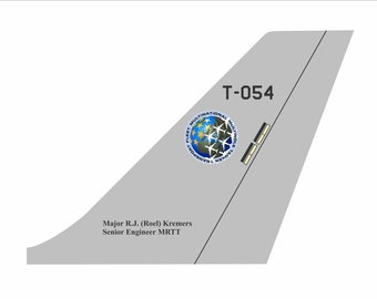 May include: A grey aircraft tail with the text "T-054" and a round logo with the text "Multinational Multirole Tanker Transport Fleet" and a globe with aeroplanes flying around it. The text "Major R.J. (Roel) Kremers Senior Engineer MRTT" is also visible.