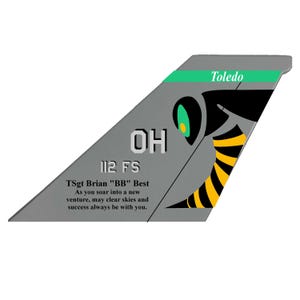 Puede incluir: Un diseño triangular gris con un avispón estilizado con rayas negras y amarillas. Se muestra el texto "OH 112 FS", junto con el nombre "TSgt Brian BB Best" y la palabra "Toledo". El diseño incluye una franja verde.