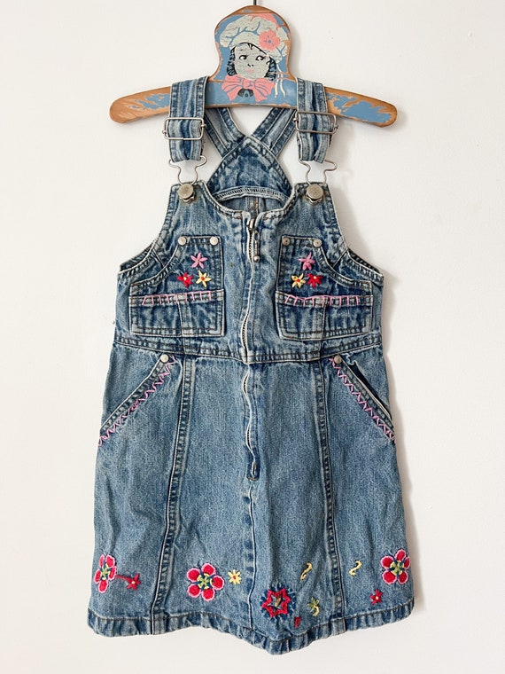 Vintage Denim Embroidered Overall Jumper Dress Gi… - image 1