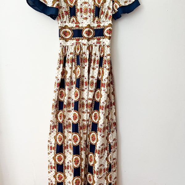 Vintage Floral Flutter Sleeve Maxi Dress Cottagecore Womens Sz Extra Small XS
