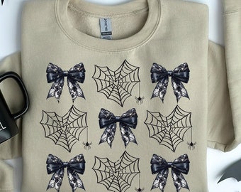 Halloween Coquette Spinnennetz Spitze Bogen Shirt Retro Halloween Sweatshirt, Trending Kokette Shirt, Gothic Shirt, schwarzes Bogen Shirt, Viral Shirt
