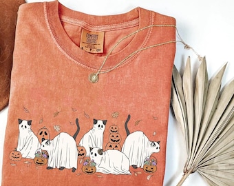 Komfort Colors® Katzen-Geist-Shirt Geist-Katzen-Shirt Sweatshirt, süßes Katzenliebhaber-Shirt, Retro-Geist-Halloween-Katzen-Shirt, gruseliges Saisongeschenk