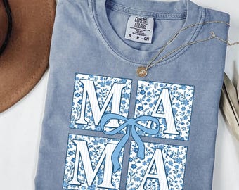 Floral Mama Coquette Bow shirt Mothers Day shirt, Chinoiserie Mama sweatshirt, Floral Spring tee, Gift for Mom Baby Shower gift,Pink or Blue