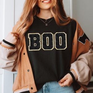 Chenille Boo Halloween Sweatshirt, Halloween Shirt BOO T Shirt Chenille Patch Fall Sweatshirt Crewneck Sweater Halloween Gift for Her