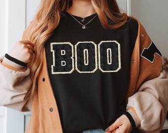 Chenille Boo Halloween Sweatshirt, Halloween Shirt BOO T Shirt Chenille Patch Herbst Sweatshirt Rundhals Pullover Halloween Geschenk für Sie