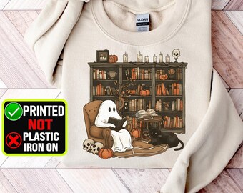 Retro Ghost Reading Books Shirt, Halloween Librarian Sweatshirt, bookish Halloween shirt, Cute Ghost Reading Shirt book lover Gift for her