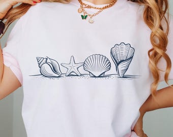 Camisa de concha de verano, camisas de playa, regalo para amantes del océano, linda camisa de mujer con vibras de verano, camisa estética, camisa de vacaciones, colores cómodos y más