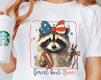 Camiseta divertida del 4 de julio, camiseta de mapache salvaje y libre, camiseta de chica salvaje, camiseta roja y blanca salvaje, camiseta patriótica viral del Día de la Independencia de Estados Unidos