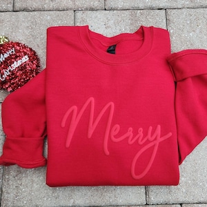 Moletom personalizado Feliz Natal, camiseta com letras Puff, moletom Merry em relevo, suéter de férias para a família no inverno, presente personalizado para