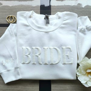 Bride Sweatshirt, Groom Sweatshirt Personalized Gift For Bride, Embossed Bride Sweatshirt Bridal Shower Gift Bride Shirt with sleeve initial