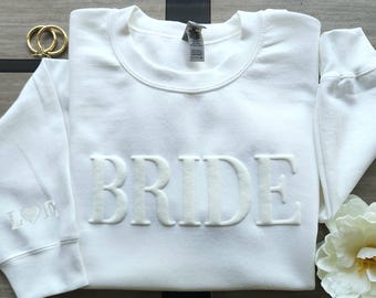 Bride Sweatshirt, Groom Sweatshirt Personalized Gift For Bride, Embossed Bride Sweatshirt Bridal Shower Gift Bride Shirt with sleeve initial