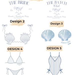 May include: A collection of blue and white illustrations for a bachelorette party. Designs include cocktail glasses, seashell bikini tops, a one-piece swimsuit, and text that reads "The Bride", "The Bach Club", and locations like Las Vegas, Cancun, and Palm Beach.