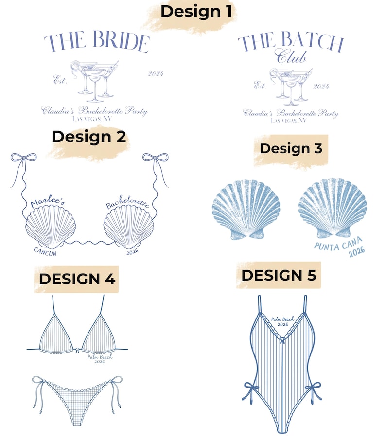 May include: A collection of blue and white illustrations for a bachelorette party. Designs include cocktail glasses, seashell bikini tops, a one-piece swimsuit, and text that reads "The Bride", "The Bach Club", and locations like Las Vegas, Cancun, and Palm Beach.