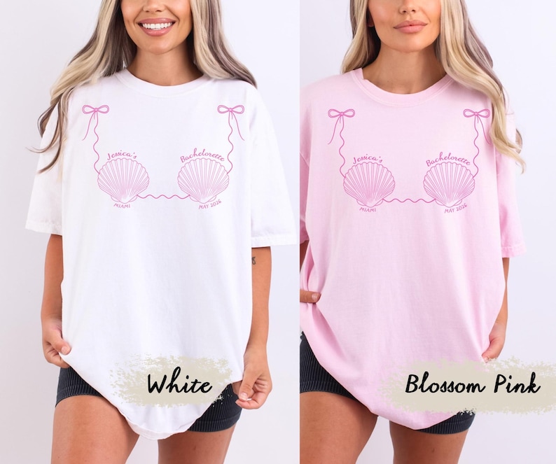 May include: White and blossom pink t-shirts with a seashell design in pink. The design includes the text "Jessica's Bachelorette" and "Miami May 2024". The shirts are short-sleeved and have a relaxed fit.