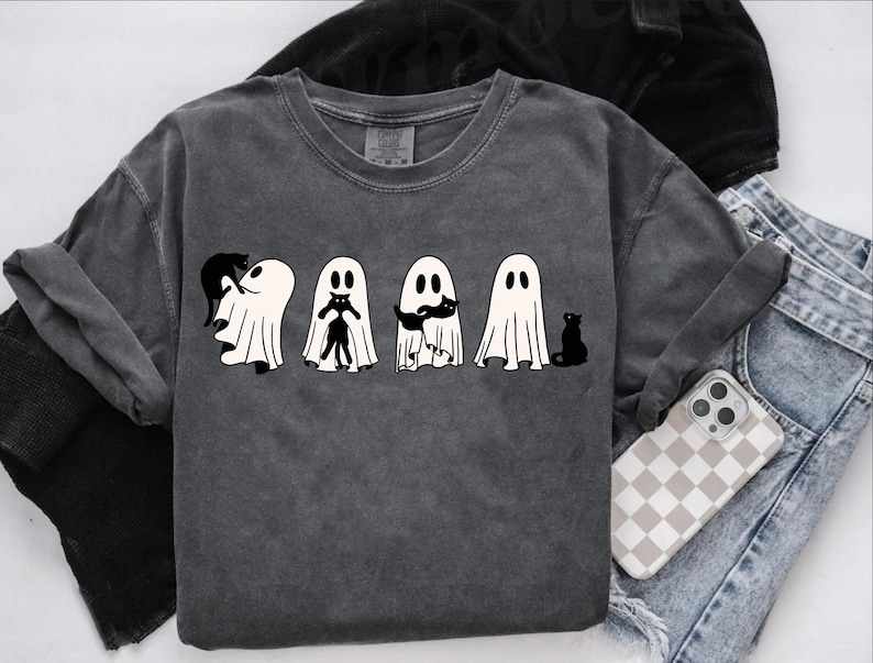 Ghost Cat Shirt, Comfort Colors® Cat Ghost T-Shirt, Cute Cat Lovers Shirt, Retro Ghost Halloween, Halloween Cat T-shirt, Spooky Season Gift