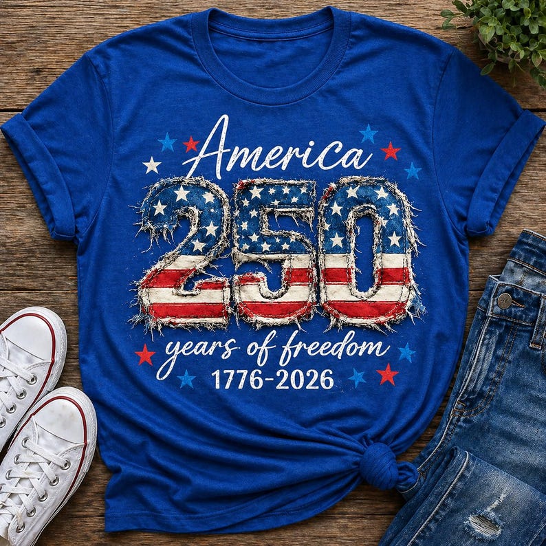 May include: A blue t-shirt with the text "America 250 years of freedom 1776-2026" in white script and a patriotic design. The numbers "250" are in red, white, and blue, with a distressed flag pattern.