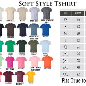 May include: A variety of Soft Style t-shirts in various colors, including white, black, and red, are displayed. The image includes a size chart with chest and length measurements in inches, and the text "Fits True to Size."