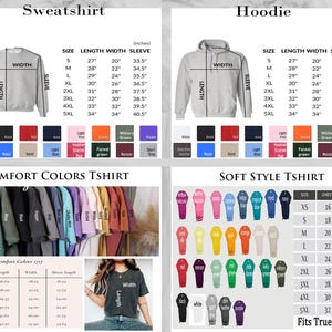 May include: A chart showing size and measurement details for sweatshirts, hoodies, and t-shirts. The chart includes measurements for length, width, and sleeve length in inches. The chart also includes a colour chart with various colours for each type of garment.