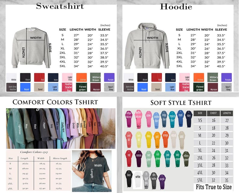 May include: A chart showing size and measurement details for sweatshirts, hoodies, and t-shirts. The chart includes measurements for length, width, and sleeve length in inches. The chart also includes a colour chart with various colours for each type of garment.