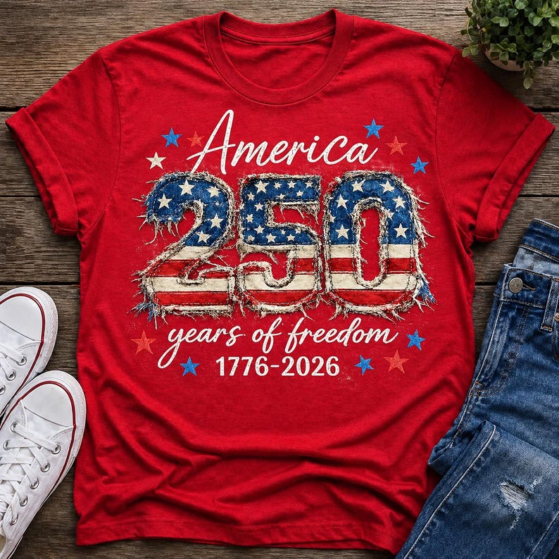 May include: A red t-shirt with the text "America 250 years of freedom 1776-2026" in white script. The numbers "250" are designed with a distressed American flag pattern, surrounded by blue stars. A pair of white sneakers and blue jeans are visible.