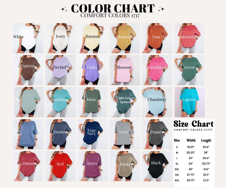 Puede incluir: Tabla de colores de camisetas Comfort Colors 1717 en varios colores, incluyendo blanco, marfil y negro. La tabla muestra los nombres de los colores y ejemplos de las camisetas. Tambi&eacute;n se incluye una tabla de tallas.