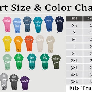 May include: T-shirt size and color chart with various shirt colors, including antique heliconia, azalea, and navy. The chart also displays chest and length measurements in inches for sizes XS to 5XL.