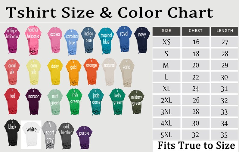 May include: T-shirt size and color chart with various shirt colors, including antique heliconia, azalea, and navy. The chart also displays chest and length measurements in inches for sizes XS to 5XL.