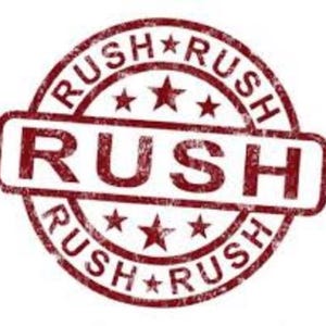 May include: A red rubber stamp with the word "RUSH" in large letters and the word "RUSH" repeated four times around the edge of the stamp.