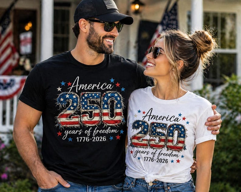 May include: Black and white t-shirts with the text "America 250 years of freedom 1776-2026" in red, white, and blue. The design features stars and the number 250 in a distressed American flag style.