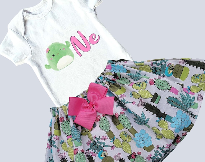 First birthday Squishmallows Cactus girls outfit | 2nd Girls birthday Outfit | Cactus onesie skirt set | Girls Onesie Birthday Outfits