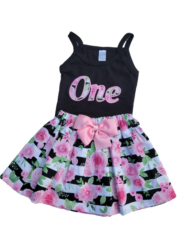 Stripe Pink Black Bouquet Roses Flower Birthday set | Girls tank top outfit withs skirt in a Stripe Pink Black Bouquet Roses Floral fabric Il_570xn