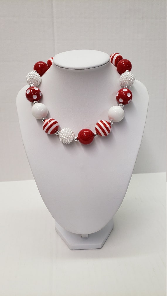 CHUNKY BUBBLE GUM Necklace -Red and White Bubblegum Necklace- Girl Chunky Necklace -Birthday Toddler Necklace - Elastic Necklace- Necklace Il_570xn