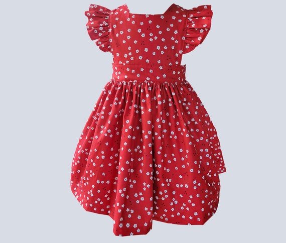 Red Pinafore dress, Valentine dress for little girls, Floral Pinafore with Ruffles dress, Toddler Pinafore Dress, Pinafore Birthday Dress Il_570xn