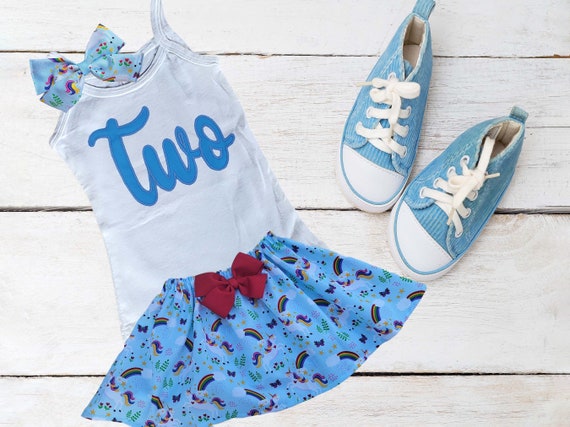 An amusing birthday Unicorn Outfit | Girls tank top outfit with a blue skirt with Rainbows and Unicorns Il_570xn