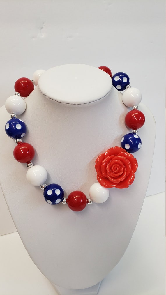 CHUNKY BUBBLE GUM Necklace - Red White Blue Necklace - Girl Elastic Chunky Necklace - Birthday Necklace - Toddler Girl Necklace Il_570xn