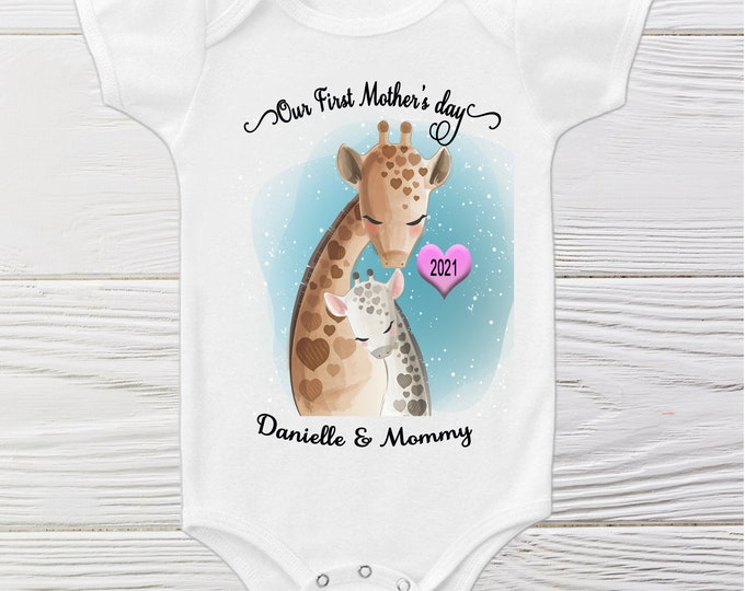 Our first mothers day onesie   cute giraffe baby personalized onesie