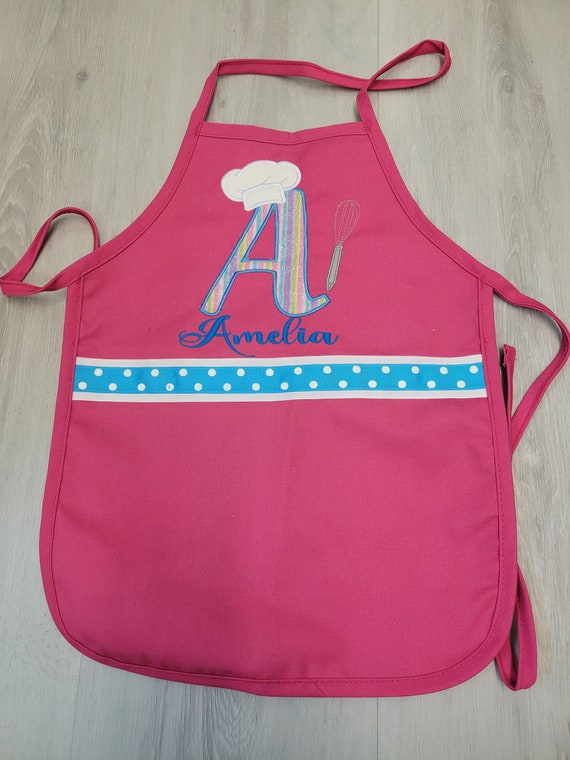 Kids personalized apron with Name and Initial, Glitter fabric embroidered applique, Girls baking apron, Girls Aprons Il_570xn