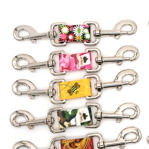 Harness to Collar Safety Clip, 2 sizes, 23 Vibrant Prints, Patterned Webbing, safeties, backup, connector