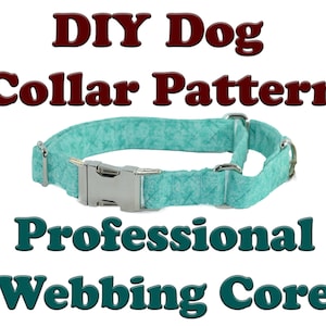 Op de afbeelding: DIY hondenhalsbandpatroon - Professionele webbingkern. Een turquoiseblauwe hondenhalsband met zilveren hardware en een wit en blauw patroon.
