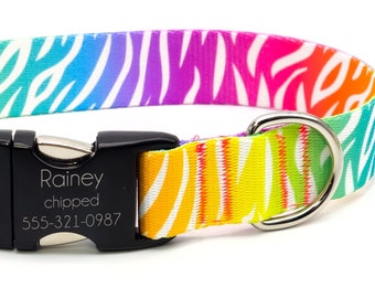 Personalized "Neon Zebra" rainbow Adjustable flat Dog Collar, Metal or Plastic Buckle, Optional Engraved ID Buckle