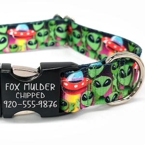 Personalized Space Aliens & UFOs Patterned Webbing Adjustable Dog Collar, Metal or Plastic Buckle, Optional Engraved ID Buckle