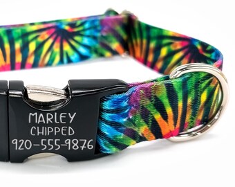 Personalized Tie Dye Patterned Webbing Adjustable Dog Collar, Metal or Plastic Buckle, Optional Personalized ID Buckle