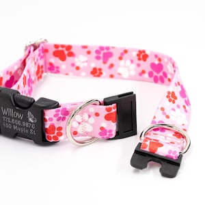 BREAKAWAY Personalized &quot;Puppy Love&quot; Dog Collar - safety collar, pawprints, red, pink, white