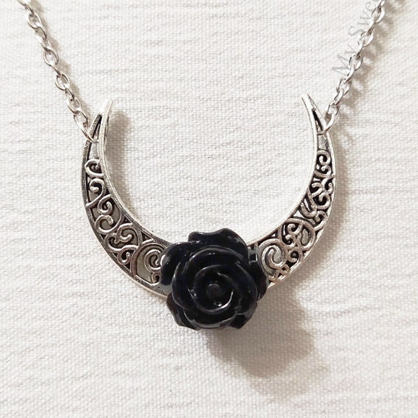 Upside down moon necklace with black rose