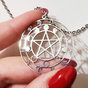 Stainless steel pentacle necklace, moon phases jewelry, pagan necklace, witchcraft jewelry, witch jewelry