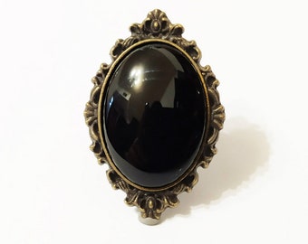 Victorian ring, black stone jewelry, vampire ring, bronze filigree, elegant victorian